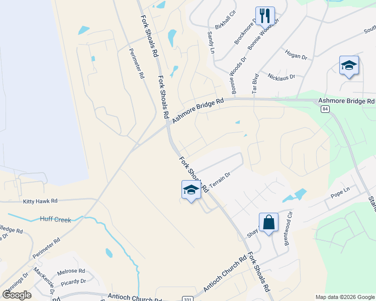 map of restaurants, bars, coffee shops, grocery stores, and more near 10 Terrain Drive in Greenville