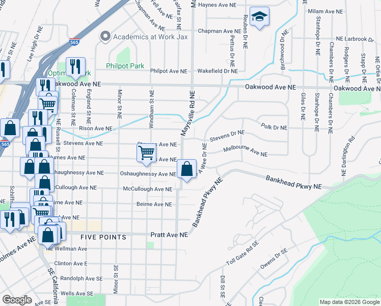 map of restaurants, bars, coffee shops, grocery stores, and more near 808 Maysville Road Northeast in Huntsville