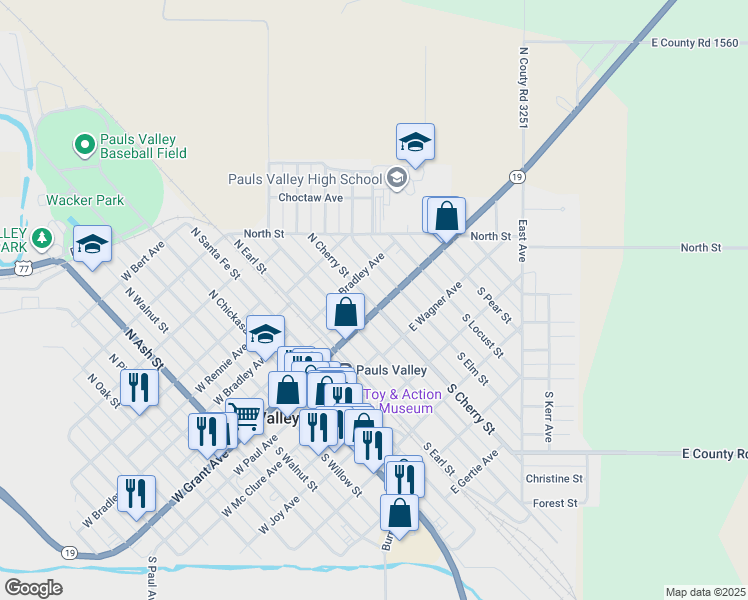 map of restaurants, bars, coffee shops, grocery stores, and more near 515 East Grant Avenue in Pauls Valley