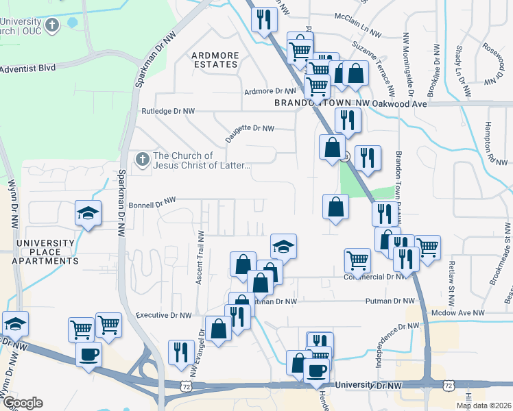 map of restaurants, bars, coffee shops, grocery stores, and more near 4423 Bonnell Drive in Huntsville