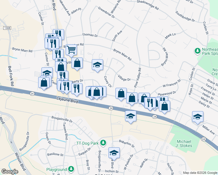 map of restaurants, bars, coffee shops, grocery stores, and more near 144 Corey Circle in Jacksonville