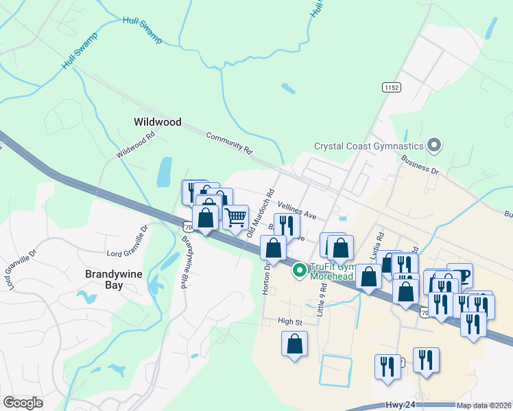map of restaurants, bars, coffee shops, grocery stores, and more near 175 Old Murdoch Road in Newport