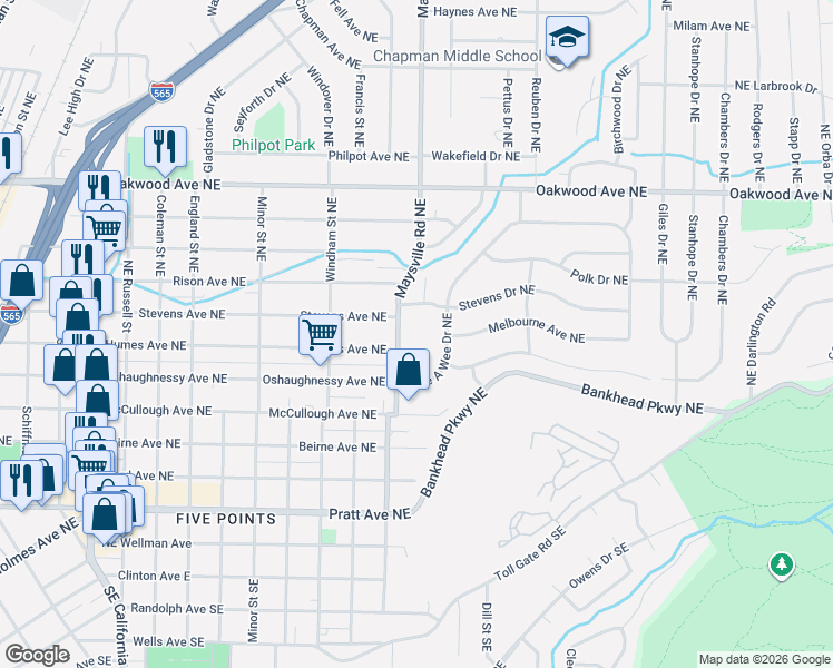 map of restaurants, bars, coffee shops, grocery stores, and more near 808 Maysville Road Northeast in Huntsville