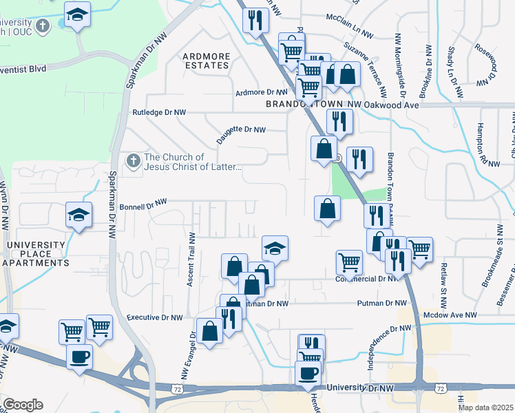 map of restaurants, bars, coffee shops, grocery stores, and more near 4419 Bonnell Drive Northwest in Huntsville