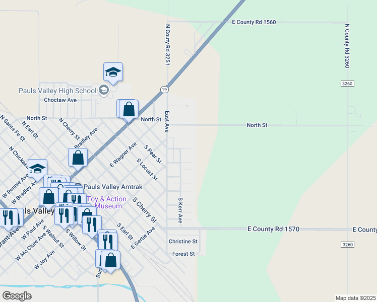 map of restaurants, bars, coffee shops, grocery stores, and more near 218 Lincoln Street in Pauls Valley