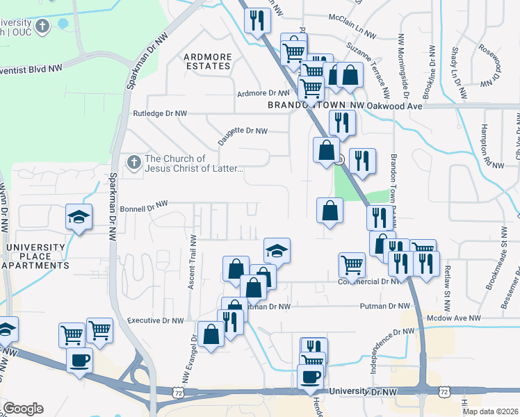 map of restaurants, bars, coffee shops, grocery stores, and more near 4419 Bonnell Drive Northwest in Huntsville