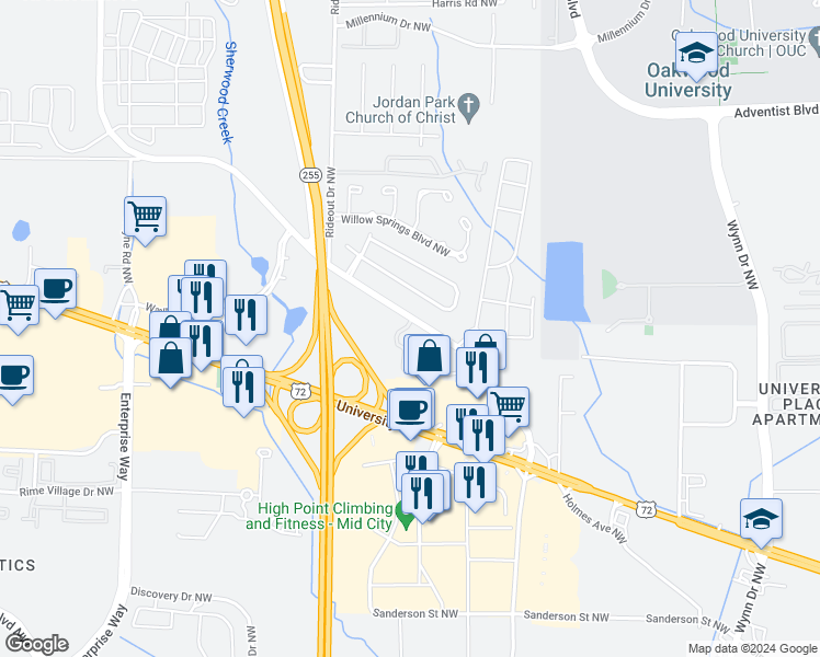 map of restaurants, bars, coffee shops, grocery stores, and more near 1009 Stones Throw Drive Northwest in Huntsville