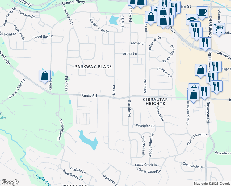 map of restaurants, bars, coffee shops, grocery stores, and more near 13100 Kanis Road in Little Rock
