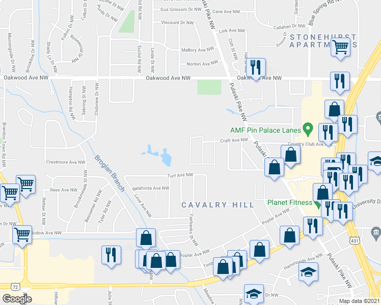 map of restaurants, bars, coffee shops, grocery stores, and more near Greenside Drive Northwest in Huntsville