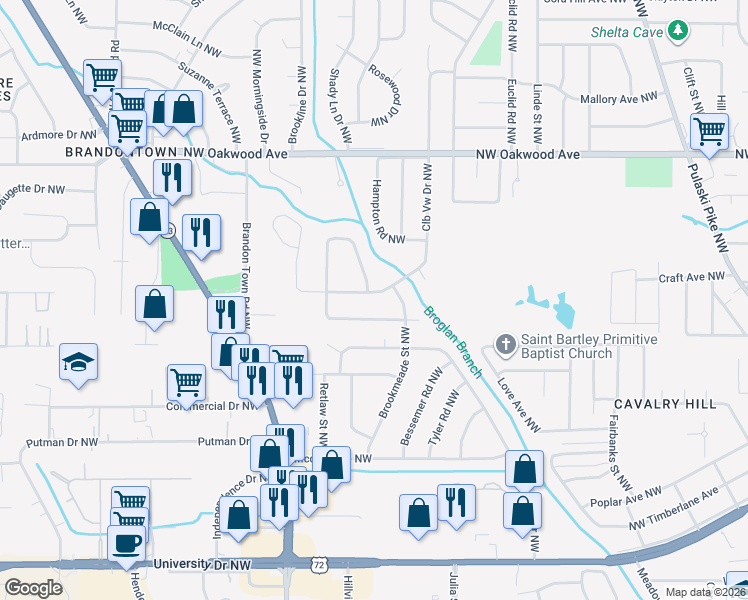 map of restaurants, bars, coffee shops, grocery stores, and more near 1302 Clubview Drive Northwest in Huntsville