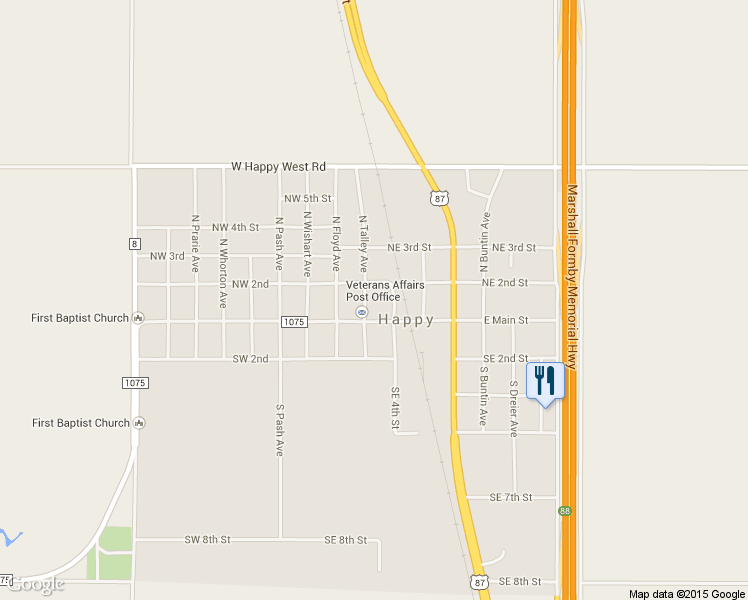 map of restaurants, bars, coffee shops, grocery stores, and more near 106 North Talley Avenue in Happy