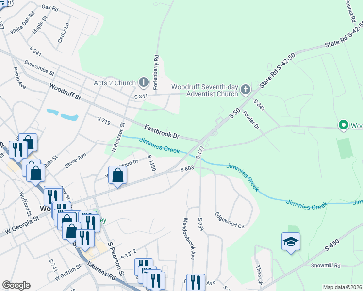 map of restaurants, bars, coffee shops, grocery stores, and more near 228 Eastbrook Drive in Woodruff