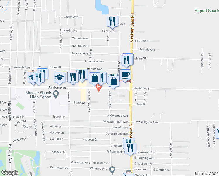 map of restaurants, bars, coffee shops, grocery stores, and more near Alabama Avenue in Muscle Shoals