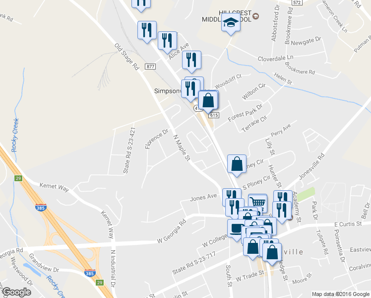 map of restaurants, bars, coffee shops, grocery stores, and more near 610 North Maple Street in Simpsonville