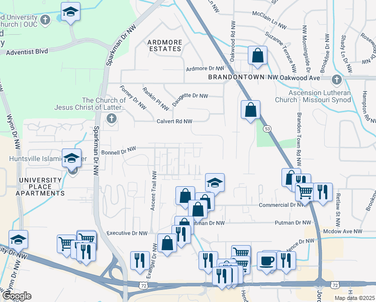 map of restaurants, bars, coffee shops, grocery stores, and more near 4427 Bonnell Drive in Huntsville
