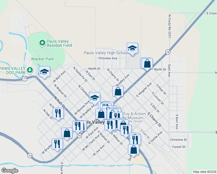 map of restaurants, bars, coffee shops, grocery stores, and more near 309 North Pecan Street in Pauls Valley