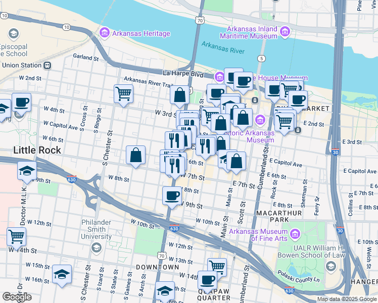 map of restaurants, bars, coffee shops, grocery stores, and more near 425 West Capitol Avenue in Little Rock