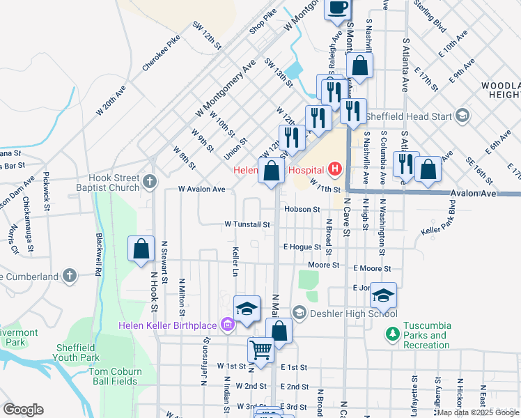map of restaurants, bars, coffee shops, grocery stores, and more near 698 W Hobson St in Tuscumbia