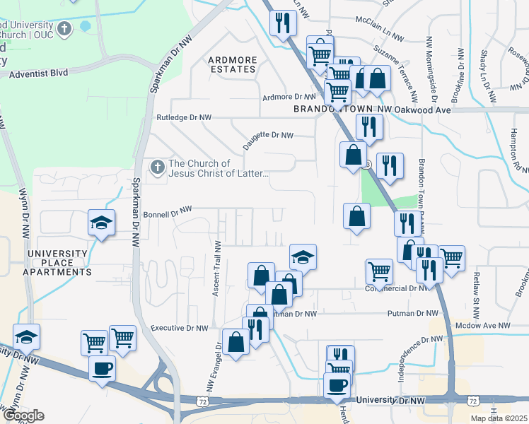 map of restaurants, bars, coffee shops, grocery stores, and more near 4427 Bonnell Drive Northwest in Huntsville