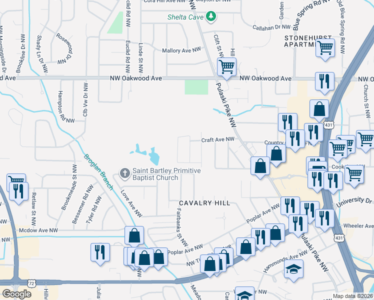 map of restaurants, bars, coffee shops, grocery stores, and more near 2816 Greenside Drive Northwest in Huntsville