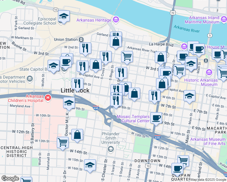 map of restaurants, bars, coffee shops, grocery stores, and more near 601 South Ringo Street in Little Rock