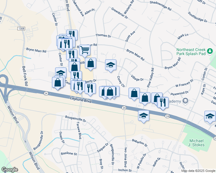 map of restaurants, bars, coffee shops, grocery stores, and more near 107 Ravenwood Drive in Jacksonville