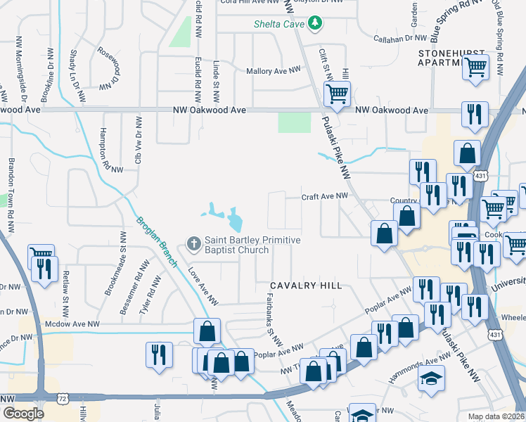 map of restaurants, bars, coffee shops, grocery stores, and more near 2816 Greenside Drive Northwest in Huntsville