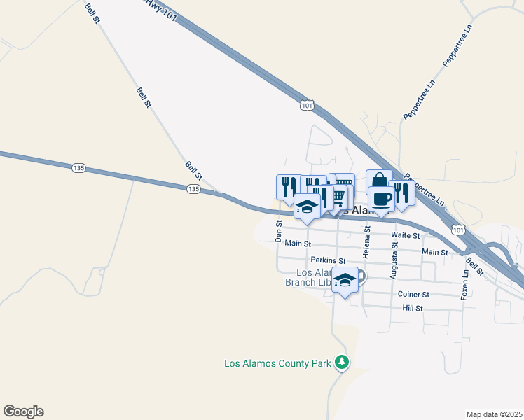 map of restaurants, bars, coffee shops, grocery stores, and more near California 135 in Los Alamos