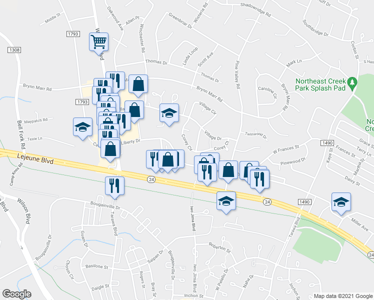 map of restaurants, bars, coffee shops, grocery stores, and more near 144 Corey Circle in Jacksonville