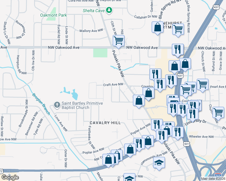 map of restaurants, bars, coffee shops, grocery stores, and more near 1714 Chester Street Northwest in Huntsville