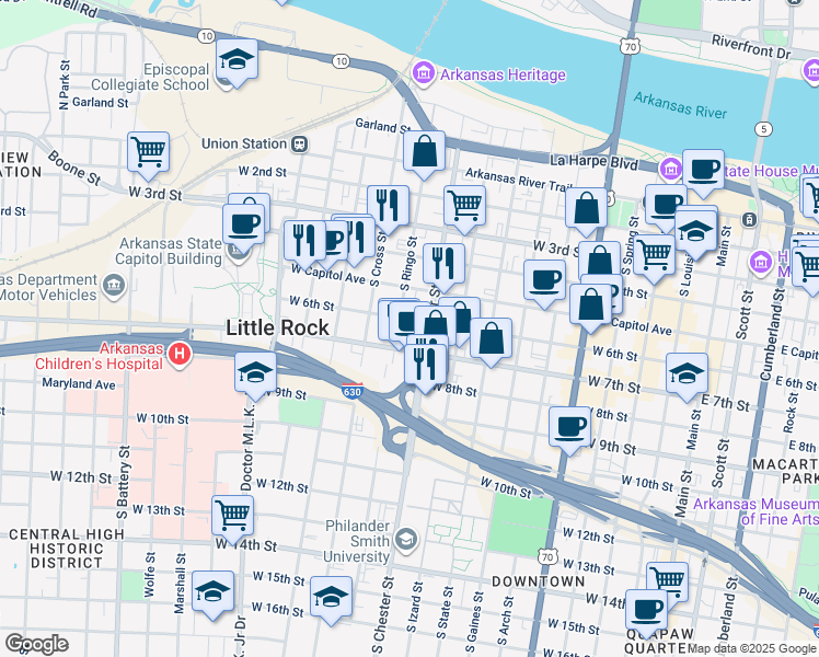 map of restaurants, bars, coffee shops, grocery stores, and more near 601 South Ringo Street in Little Rock