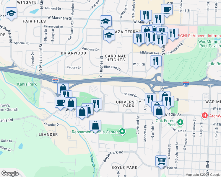 map of restaurants, bars, coffee shops, grocery stores, and more near 316 Arthur Drive in Little Rock
