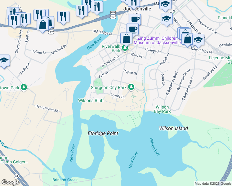 map of restaurants, bars, coffee shops, grocery stores, and more near 103 Court Street in Jacksonville