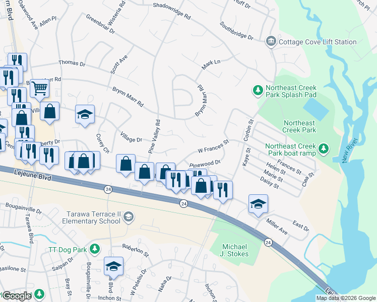 map of restaurants, bars, coffee shops, grocery stores, and more near 343 West Frances Street in Jacksonville