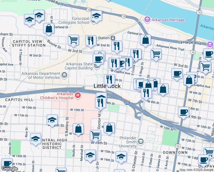 map of restaurants, bars, coffee shops, grocery stores, and more near in Little Rock