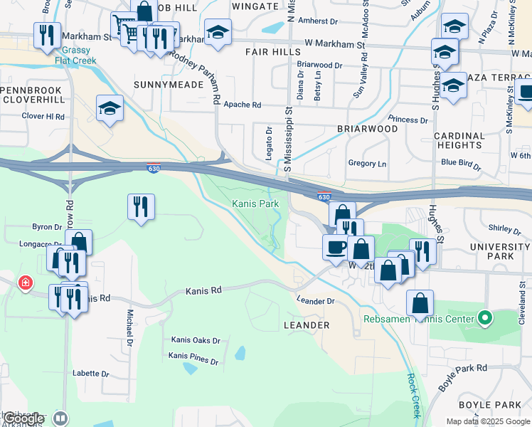 map of restaurants, bars, coffee shops, grocery stores, and more near Kanis Park Road in Little Rock