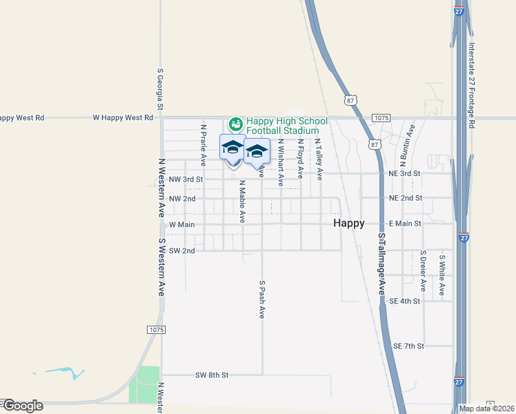map of restaurants, bars, coffee shops, grocery stores, and more near 111 North Floyd Avenue in Happy