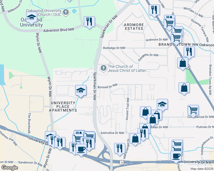 map of restaurants, bars, coffee shops, grocery stores, and more near 4522 Bonnell Drive Northwest in Huntsville