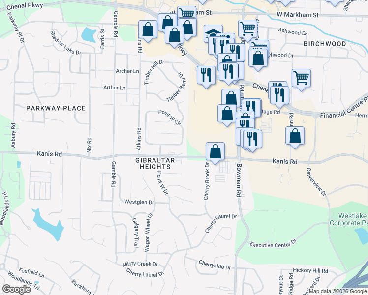 map of restaurants, bars, coffee shops, grocery stores, and more near 117 Point West Circle in Little Rock