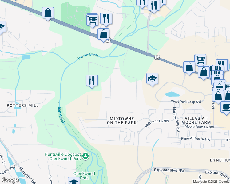 map of restaurants, bars, coffee shops, grocery stores, and more near 179 Country Road Northwest in Huntsville