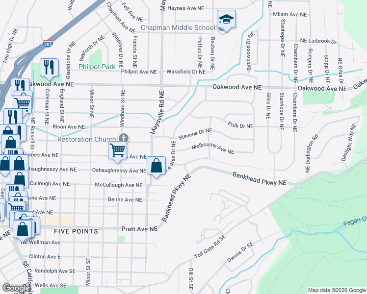 map of restaurants, bars, coffee shops, grocery stores, and more near 1805 Melbourne Avenue Northeast in Huntsville