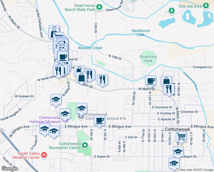 map of restaurants, bars, coffee shops, grocery stores, and more near 611 North 7th Street in Cottonwood