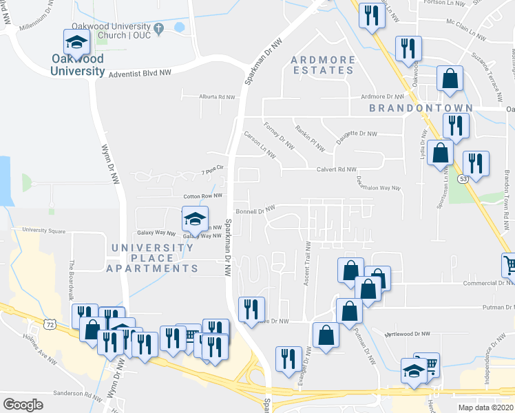 map of restaurants, bars, coffee shops, grocery stores, and more near 4522 Bonnell Drive Northwest in Huntsville