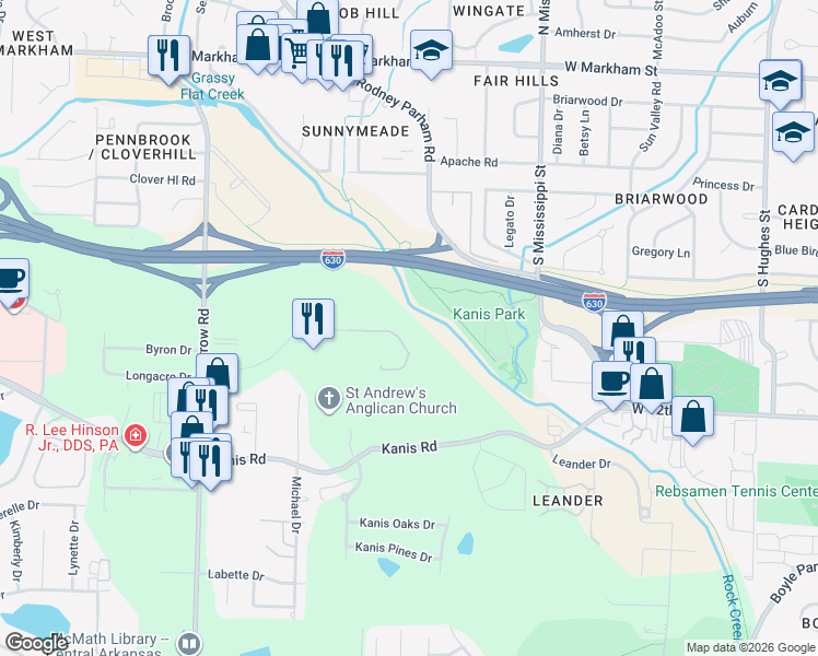 map of restaurants, bars, coffee shops, grocery stores, and more near 8700 Riley Drive in Little Rock