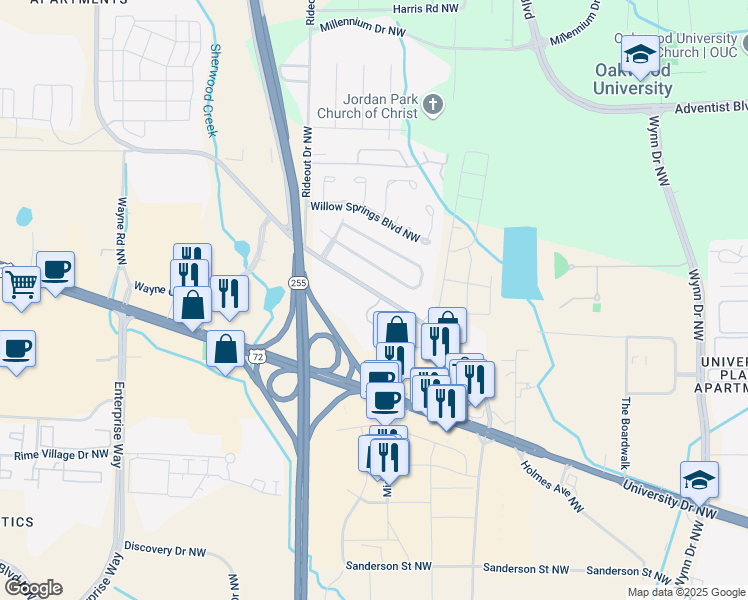 map of restaurants, bars, coffee shops, grocery stores, and more near 1009 Stones Throw Drive Northwest in Huntsville