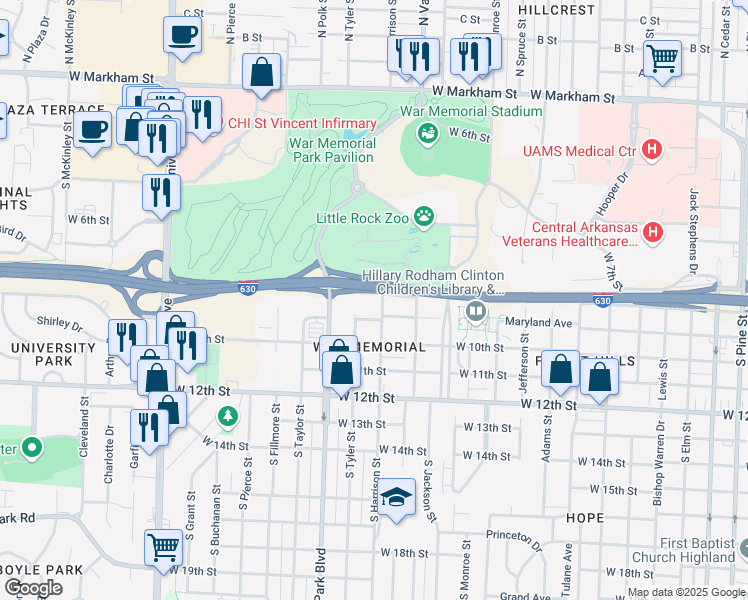 map of restaurants, bars, coffee shops, grocery stores, and more near 5305 West 8th Street in Little Rock
