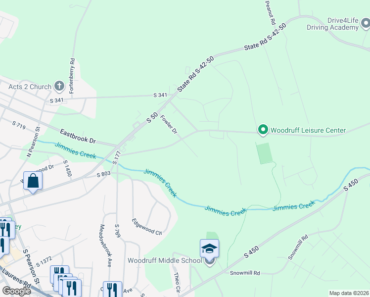map of restaurants, bars, coffee shops, grocery stores, and more near 6 Pearmac Court in Woodruff