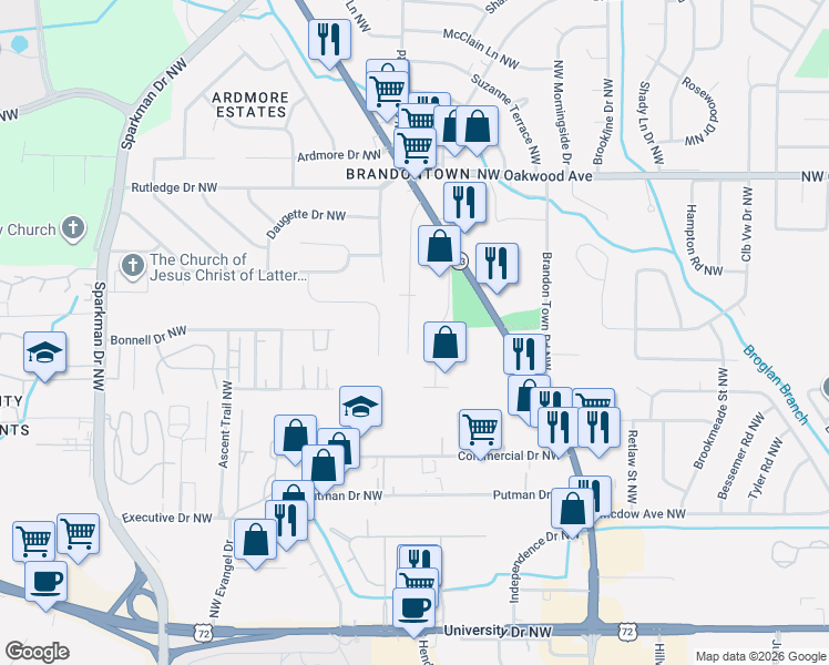 map of restaurants, bars, coffee shops, grocery stores, and more near 1704 Lydia Drive Northwest in Huntsville