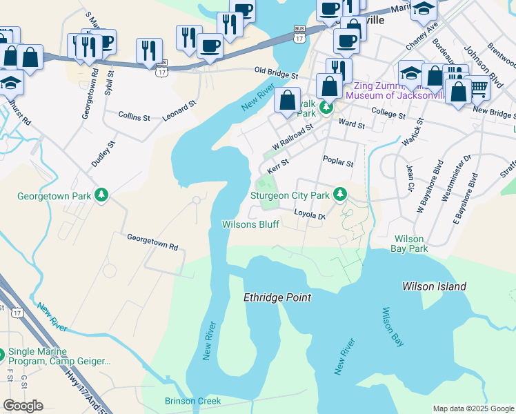 map of restaurants, bars, coffee shops, grocery stores, and more near 112 Riverwalk Lane in Jacksonville