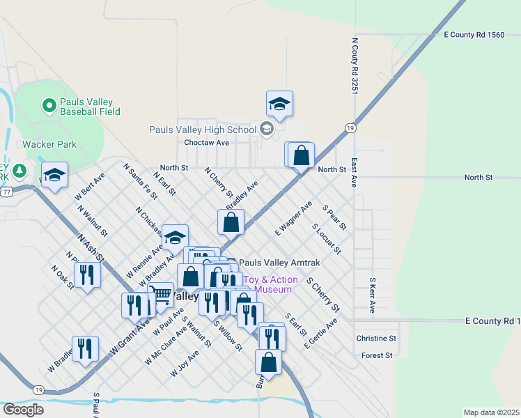 map of restaurants, bars, coffee shops, grocery stores, and more near 515 East Grant Avenue in Pauls Valley